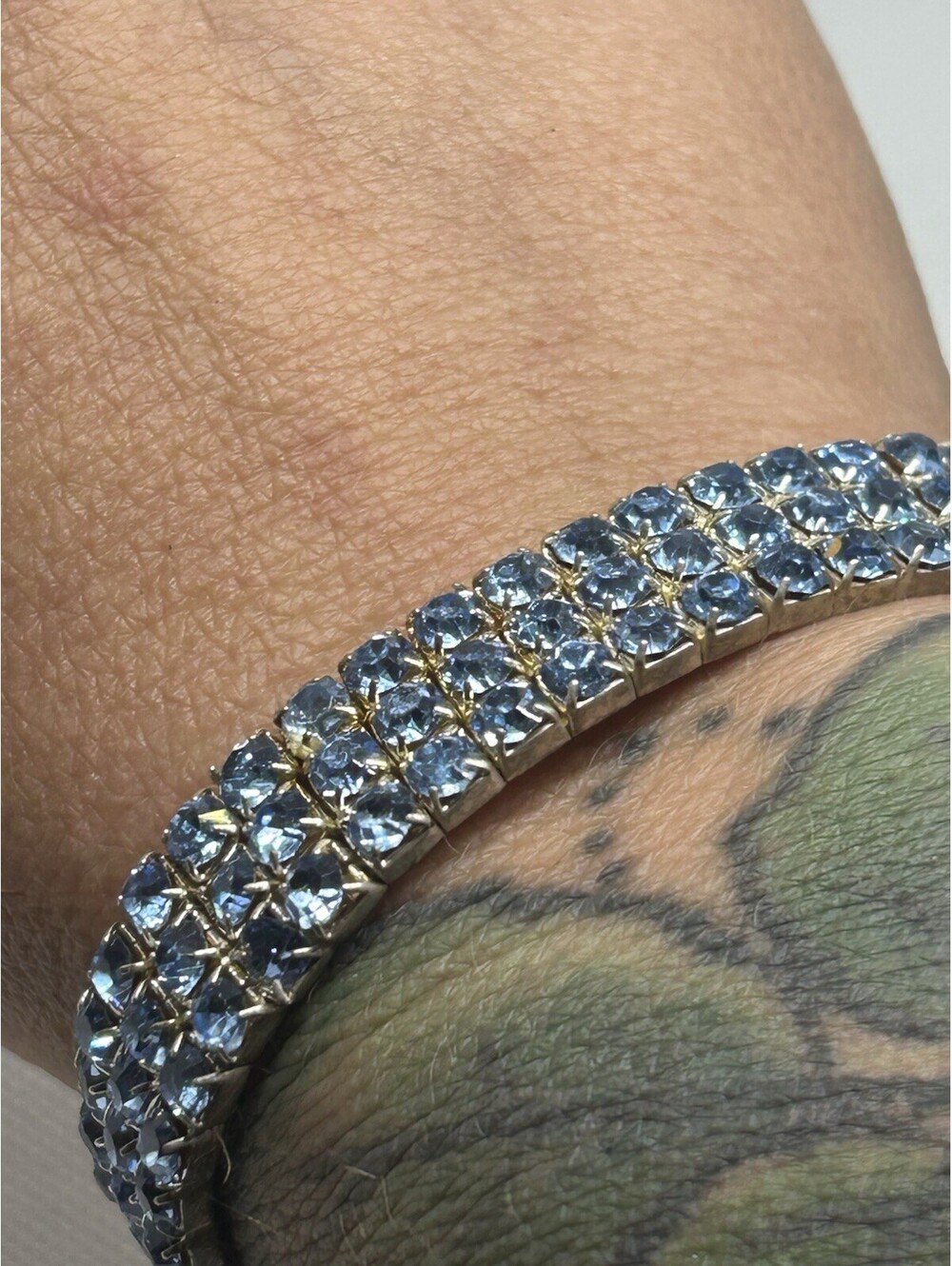 Vintage Light Blue Rhinestone Stretch Bracelet 3 Row Silver Tone Costume Jewelry